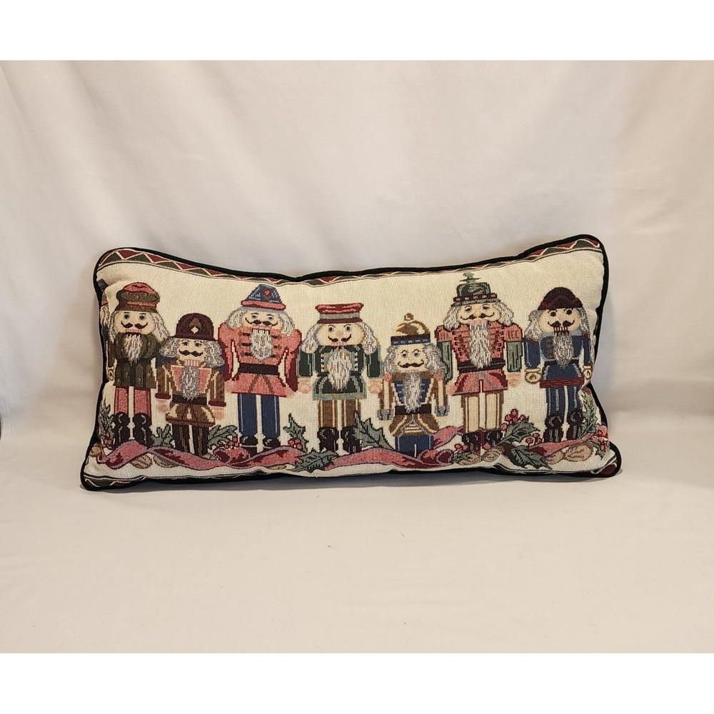 Nutcracker Tapestry Lumbar Pillow Green Velvet Back Christmas Holiday Decor